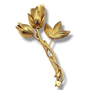 Gold Tone Rose Leaf Stem Brooch Pin Vintage Retro Flower
